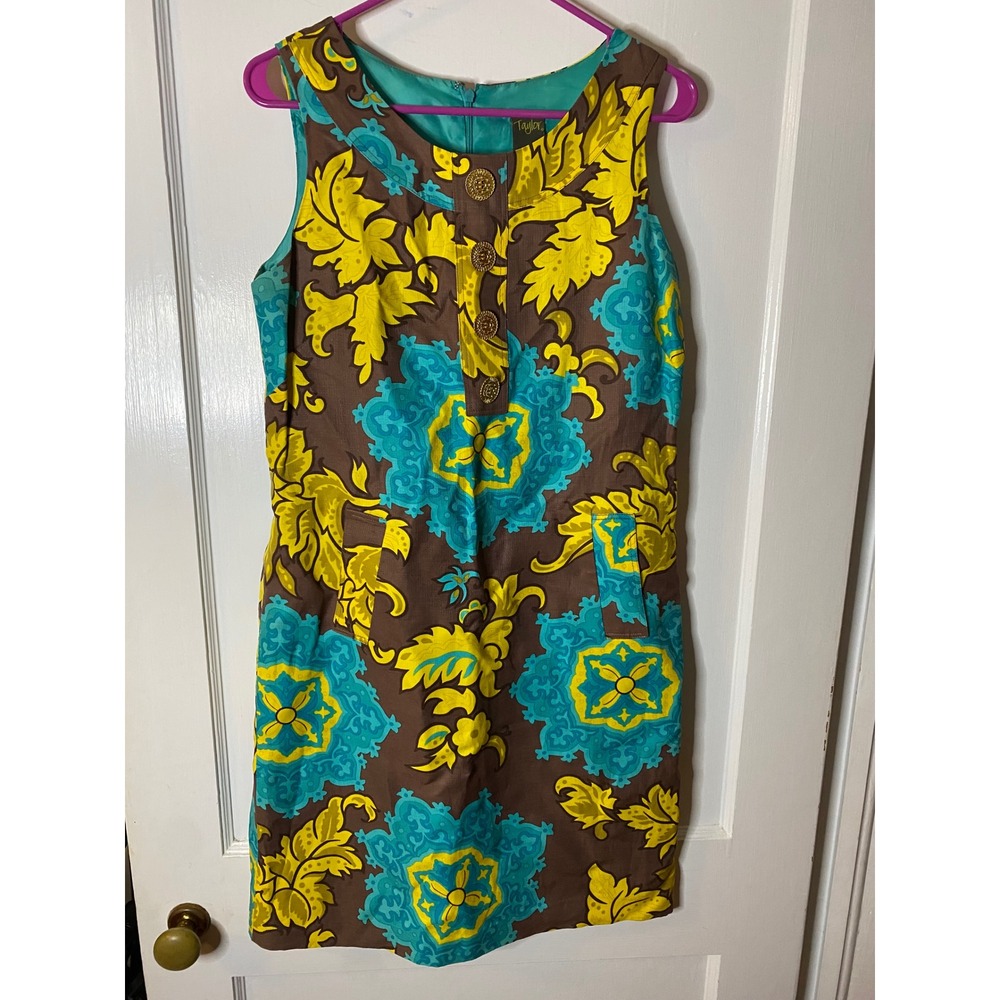 Taylor Dresses Size 10‎ Brown Turquoise Yellow Floral Sleeveless Button Dress